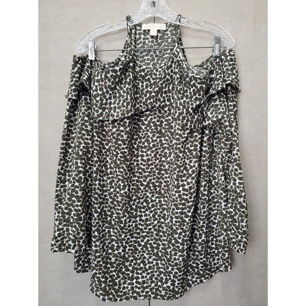Michael Kors Green Ditsy Print Halter Cold Shoulder 3/4 Sleeve Blouse Size XL